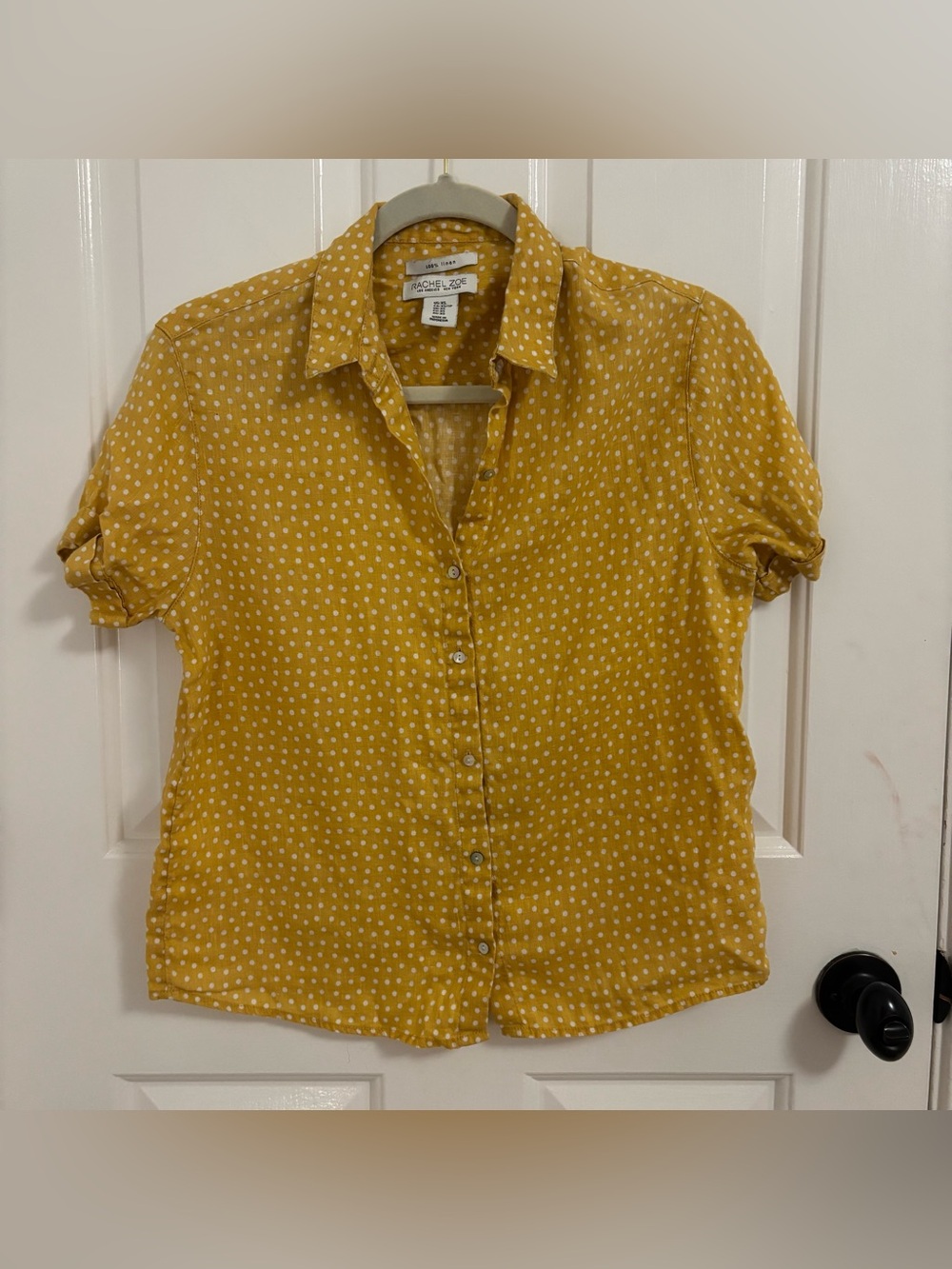 100% Linen Rachel Zoe Yellow Polka Dot Short-Sleeve Button-Down Shirt Size XS